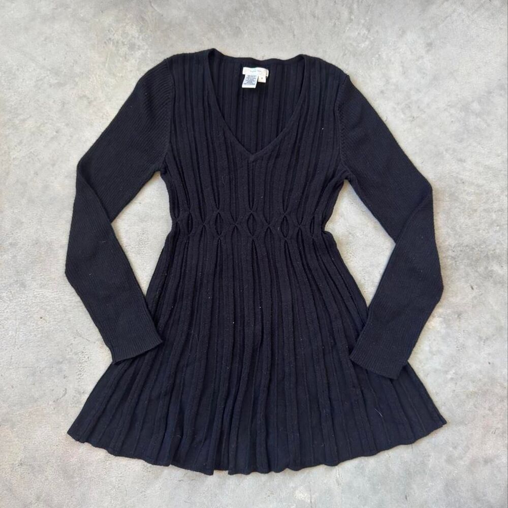 Black ribbed knit cotton rayon sweater dress with diamond-shaped cutouts size M